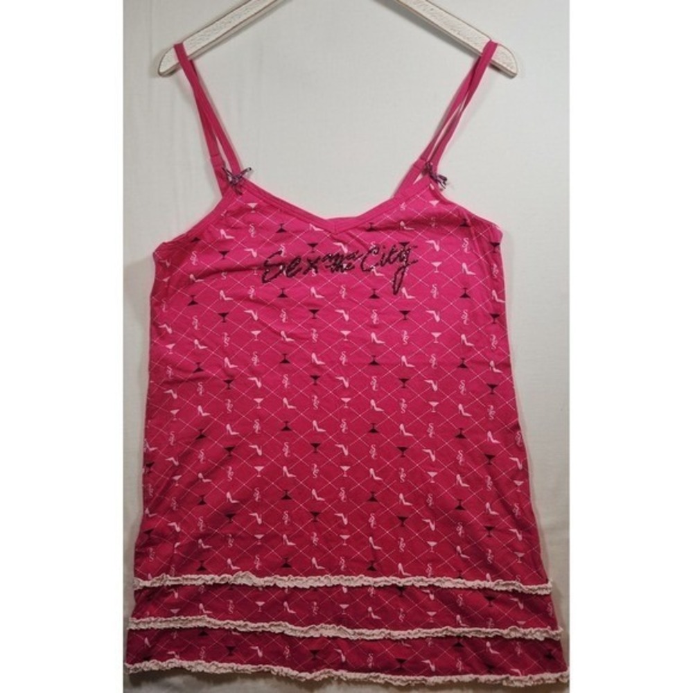 Sex and the City HBO Pink Camisole Top XL Beaded Logo Martini Heel Print Y2K